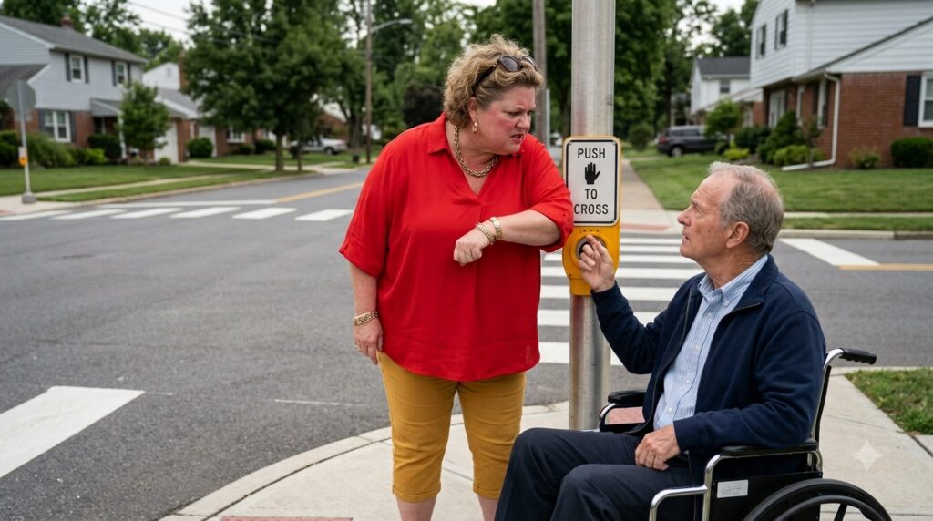 Karen Claimed the Crosswalk Button and Blocked a Wheelchair User From Crossing—Until the Signal Changed Everything